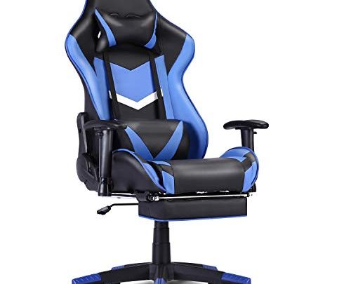 Gaming Chair Racing Chair Computer Chair High Back Ergonomic Adjustable Height with Headrest, Lumber Support and Retractable Footrest (Blue-1)