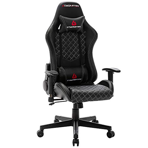 GTMONSTER Racing Style Video Gaming Chair, Reclining Ergonomic Leather Office Computer Game Chair, Swivel Gaming Chairs for Adults, in Black (Black)