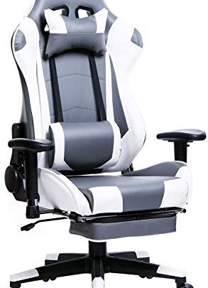 Racing Chair Gaming Chair Grey+White Swivel Computer Desk Chair Office Chair Faux Leather Seat with 155°Tilt Reclining Function Lumbar Support &