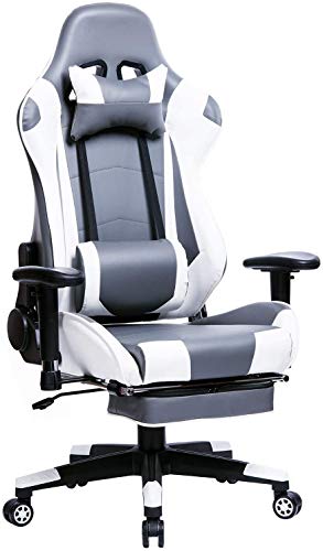 Racing Chair Gaming Chair Grey+White Swivel Computer Desk Chair Office Chair Faux Leather Seat with 155°Tilt Reclining Function Lumbar Support &