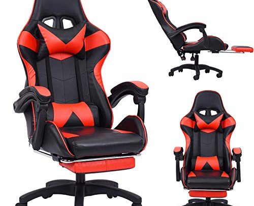 PC Gaming Chair Office Chair High Back Computer Chair PU Leather Desk Chair PC Racing Executive Ergonomic Adjustable Swivel Task Chair with Headrest and Lumbar Support with Footrest Adjustable (Red)