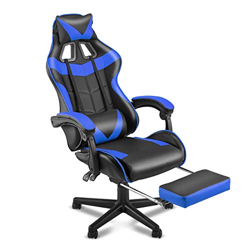 SOONTRANS Racing Style PC Computer Chair,Gaming Chair, E-Sports Chair,Ergonomic Office Chair with Height Adjustment,Retractable Footrest,Headrest and Lumbar Support(Storm Blue)