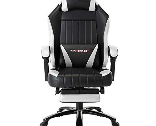 STARSPACE Big & Tall 350lb Memory Foam Reclining Gaming Chair Metal Base – Adjustable Back Angle and Retractable Footrest Ergonomic High-Back Racing Executive Computer Desk Office Chair (White)
