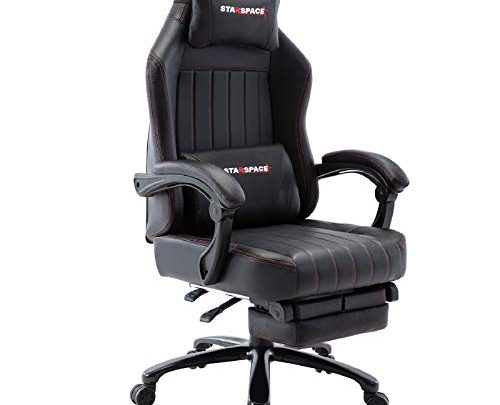 STARSPACE Big & Tall 350lb Video Gaming Chair Massage- Retractable Footrest Metal Base High Back Reclining Racing Executive Computer Desk Office Chair Adjustable Back Angle (Black)