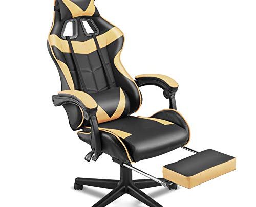 SOONTRANS PC Gaming Chair,Racing Chair for Gaming,Computer Chair,E-Sports Chair,Ergonomic Office Chair with Retractable Footrest and Adjustable Headrest and Lumbar Support-Golden