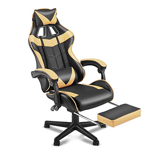 SOONTRANS PC Gaming Chair,Racing Chair for Gaming,Computer Chair,E-Sports Chair,Ergonomic Office Chair with Retractable Footrest and Adjustable Headrest and Lumbar Support-Golden