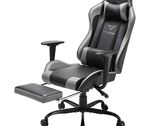 Vitesse Gaming Chair Office Computer Desk Chair with Footrest and Headrest Racing Game Ergonomic Design High-Back E-Sports Chair PU Leather Swivel Chair  (Grey)