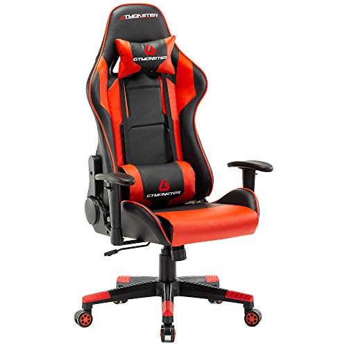 GTMONSTER Racing Style Gaming Chair, Reclining Ergonomic Leather Computer Game Chair, Swivel Gaming Chairs for Adults, in Red