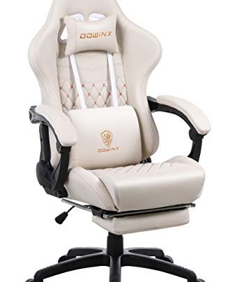 DOWINX Gaming Chair Office Desk Chair with Massage Lumbar Support Type, Vintage Style Armchair PU Leather E-Sports Gamer Chairs with Retractable Footrest (White)