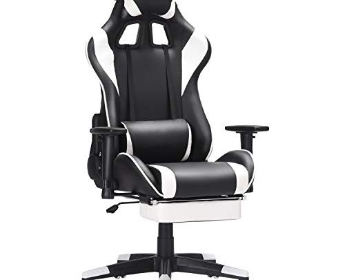 Computer Gaming Chair with Padded Footrest and Cushion,Swivel Leather Ergonomic Home Office Desk Chair Video Gaming Chair with Height Adjustable and Adjustable armrests (White)