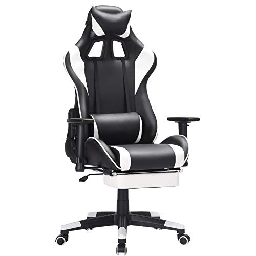 Computer Gaming Chair with Padded Footrest and Cushion,Swivel Leather Ergonomic Home Office Desk Chair Video Gaming Chair with Height Adjustable and Adjustable armrests (White)