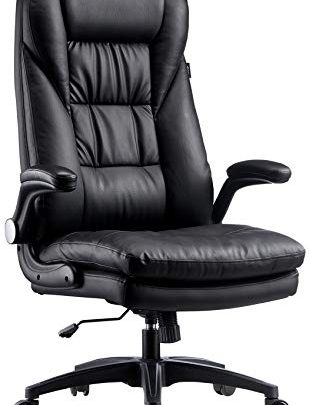 Hbada Ergonomic Executive Office Chair, PU Leather High-Back Desk Chair with Big and Tall Backrest and Cushion, Swivel Rocking Chair with Flip-up Padded Armrest and Adjustable Height,