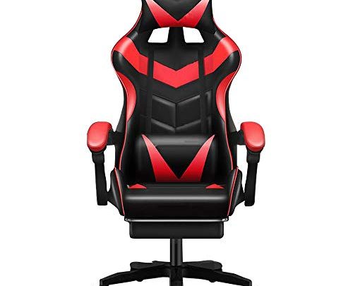 Gaming/Racing Style Adjustable Office Chair with Removable Headrest,High Back Cushion,Lumbar Cushion, and Footrest,360-Degree Swivel (Red)