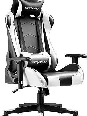 GTRACING Gaming Chair Racing Office Computer Ergonomic Video Game Chair Backrest and Seat Height Adjustable Swivel Recliner with Headrest and Lumbar Pillow E-Sports Chair White