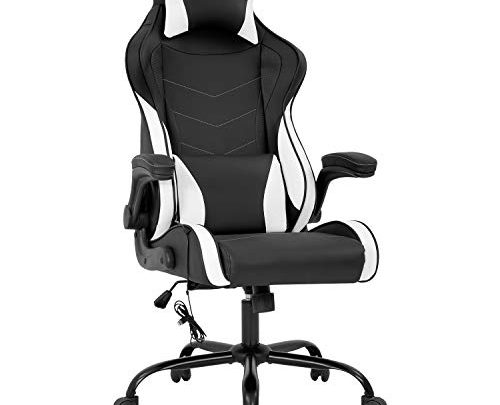 Gaming Chair Massage Office Chair PC Computer Chair with Lumbar Support Headrest Flip up Armrest Task Rolling Swivel Ergonomic Adjustable E-Sports Desk Racing Chair for Men Adults(White)