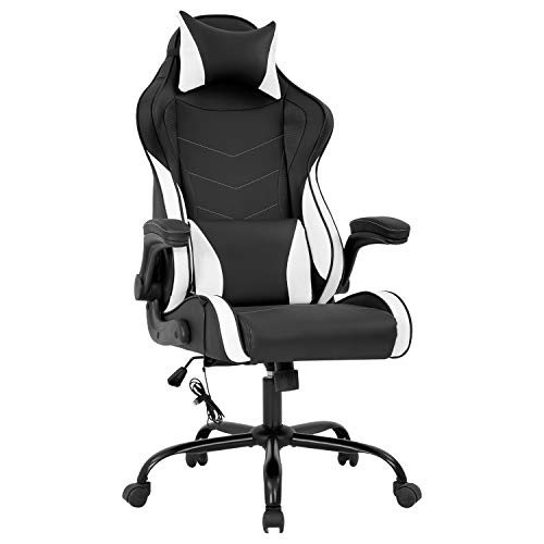 Gaming Chair Massage Office Chair PC Computer Chair with Lumbar Support Headrest Flip up Armrest Task Rolling Swivel Ergonomic Adjustable E-Sports Desk Racing Chair for Men Adults(White)