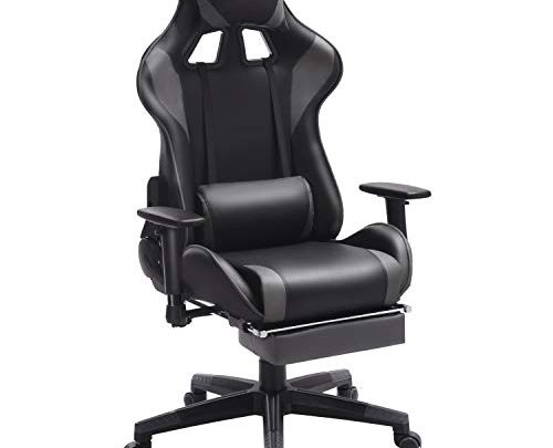 Computer Gaming Chair with Padded Footrest and Cushion,Swivel Leather Ergonomic Home Office Desk Chair Video Gaming Chair with Height Adjustable and Adjustable armrests (Gray)
