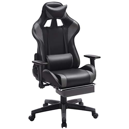Computer Gaming Chair with Padded Footrest and Cushion,Swivel Leather Ergonomic Home Office Desk Chair Video Gaming Chair with Height Adjustable and Adjustable armrests (Gray)