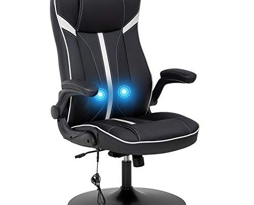 Rocking Gaming Chair Racing Office Chair Massage Desk Chair with Lumbar Support Headrest Armrest Rocker Ergonomic High Back PU Leather Adjustable Computer Chair for Adults(White)