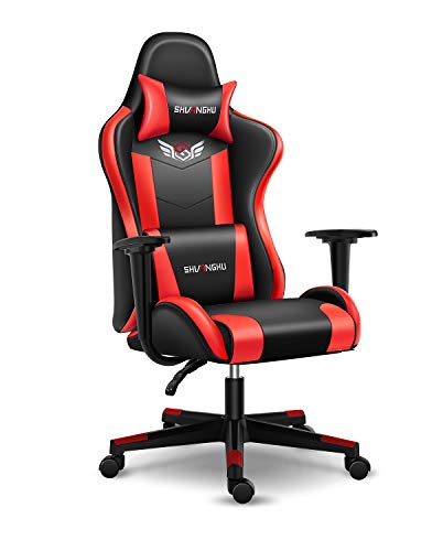 Shuanghu Gaming Chair Office Chair Ergonomic PC Computer Chair with Retractable Footrest Reclining Racing Chair with Headrest and Lumbar Support Gaming Chair for Adults Teens Desk Chair (Black+red)