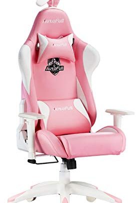 AutoFull Pink Gaming Chair PU Leather High Back Ergonomic Racing Office Desk Computer Chairs with Lumbar Support, Rabbit Ears