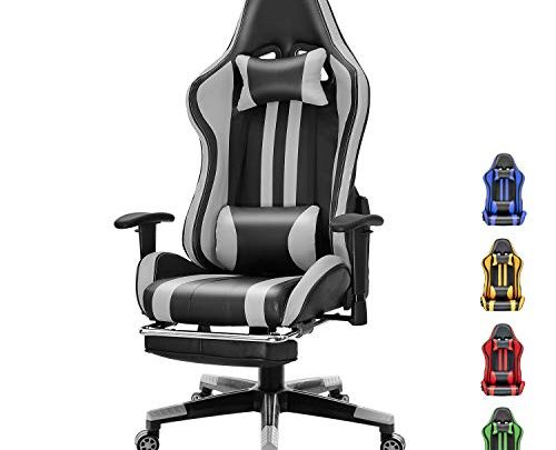 Soontrans Racer Style Computer Chair Reclining Office Chair Pu Leather Gaming Chair Swivel Desk Chair with Backrest and Seat Height Adjustable Swivel Rocker with Headrest and Lumbar Pillow(Black/Gray)