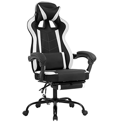 PC Gaming Chair Home Office Chair Racing Computer Chair with Lumbar Support Reclining Armrest Foot Rest Rolling Swivel PU Leather Ergonomic Task Desk Chair for Men(White)