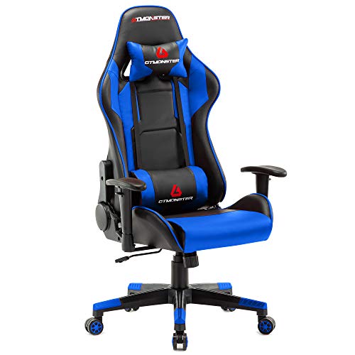 GTMONSTER Racing Style Gaming Chair, Reclining Ergonomic Leather Computer Game Chair, Swivel Gaming Chairs for Adults in Blue