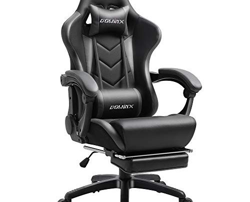 Dowinx Gaming Chair Ergonomic Office Recliner for Computer with Massage Lumbar Support, Racing Style Armchair PU Leather E-Sports Gamer Chairs with Retractable Footrest (Black&Gray)
