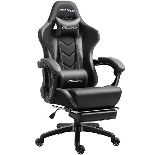 Dowinx Gaming Chair Ergonomic Office Recliner for Computer with Massage Lumbar Support, Racing Style Armchair PU Leather E-Sports Gamer Chairs with Retractable Footrest (Black&Gray)
