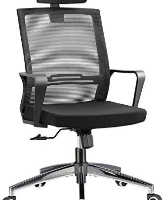 Office Chair High Back Desk Chair for Computer, Black Mesh Back Adjustable Height Tilt Angle Swivel Ergonomic Chair with Lumbar Support Headrest Metal Base
