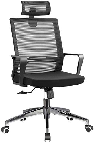 Office Chair High Back Desk Chair for Computer, Black Mesh Back Adjustable Height Tilt Angle Swivel Ergonomic Chair with Lumbar Support Headrest Metal Base
