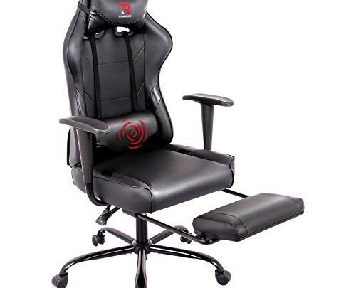 RIMIKING Ergonomic Gaming Chair with Footrest – Adjustable Swivel Leather Racing Computer Desk Chair with Headrest and Lumbar Support Ergonomic Design for Women Men Black