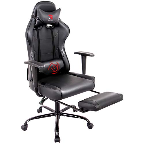 RIMIKING Ergonomic Gaming Chair with Footrest – Adjustable Swivel Leather Racing Computer Desk Chair with Headrest and Lumbar Support Ergonomic Design for Women Men Black