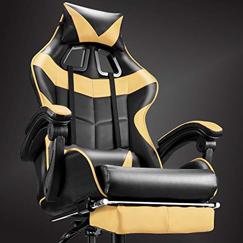 Soontrans High Back Computer Chair,Gaming Chair,Ergonomic Racing Style PC Office Chair,Desk Chair with Headrest Lumbar Support Footrest Adjustable Recliner Chair for Home,Office,Gaming Room (Golden)