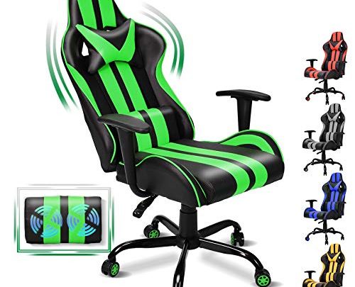 FERGHANA Video Gaming Chair,Massage Gaming Chair,E-Sports Racing Chair with Height and Reliner Adjustment,Headrest and Massage Lumbar Support(Gaming Green)