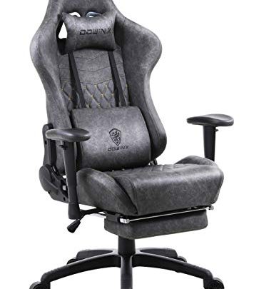Dowinx Gaming Chair Ergonomic Retro Style Recliner with Massage Lumbar Support Office Armchair for Computer PU Leather with Retractable Footrest Grey