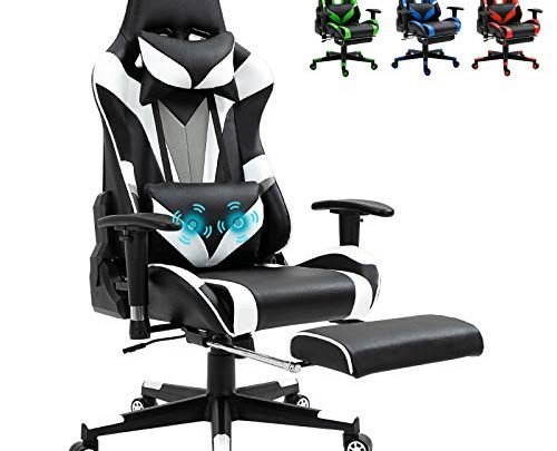 White Ergonomic Massage Gaming Chair Video PC Chair Racing Reclining Gaming Computer Chair with Footrest High Back Executive Office Desk Chair PU Leather Adjustable Swivel Task Chair