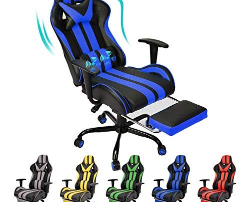 Massage PC Computer Chair,Computer Gaming Chair, Ergonomic Office Chair with Height Adjustment,Retractable Footrest,Headrest Lumbar Support(Blue)
