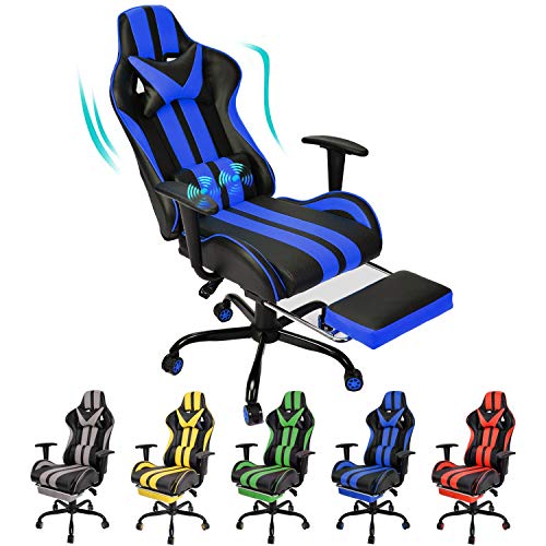 Massage PC Computer Chair,Computer Gaming Chair, Ergonomic Office Chair with Height Adjustment,Retractable Footrest,Headrest Lumbar Support(Blue)