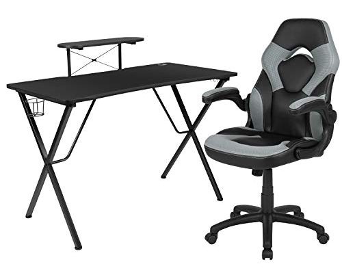 Flash Furniture Black Gaming Desk and Gray/Black Racing Chair Set with Cup Holder, Headphone Hook, and Monitor/Smartphone Stand