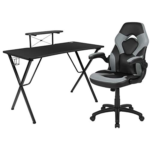 Flash Furniture Black Gaming Desk and Gray/Black Racing Chair Set with Cup Holder, Headphone Hook, and Monitor/Smartphone Stand