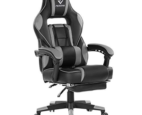 PEROINE Massage Gaming Chair – High Back PU Leather PC Racing Computer Desk Office Swivel Chair with Retractable Footrest and Adjustable Lumbar Support (Gray/Black)