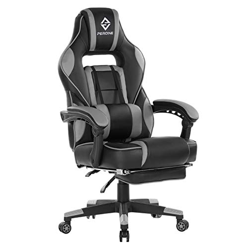 PEROINE Massage Gaming Chair – High Back PU Leather PC Racing Computer Desk Office Swivel Chair with Retractable Footrest and Adjustable Lumbar Support (Gray/Black)