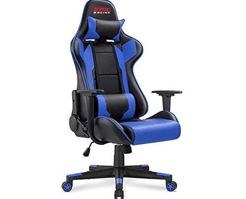 Epic Racing Professional Gaming Chair with Adjustable Height, Full Recline and Headrest/Lumbar Support (Blue)
