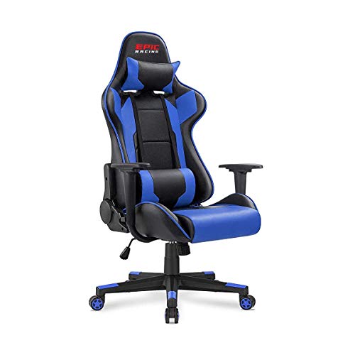 Epic Racing Professional Gaming Chair with Adjustable Height, Full Recline and Headrest/Lumbar Support (Blue)