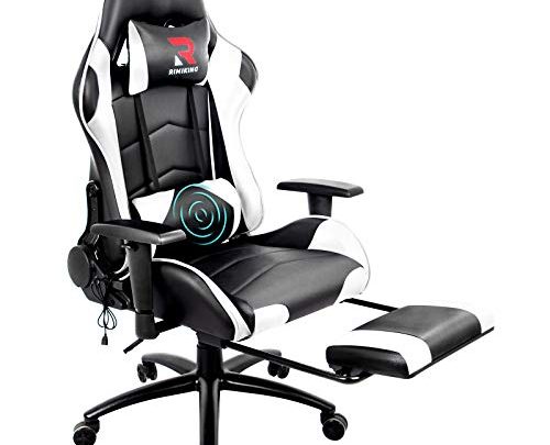Rimiking Leather Gaming Chair with Footrest Racing Computer Chair Adjustable Swivel Recliner with Headrest and Lumbar Pillow Desk Chair (White)