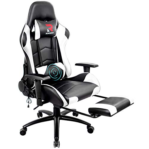 Rimiking Leather Gaming Chair with Footrest Racing Computer Chair Adjustable Swivel Recliner with Headrest and Lumbar Pillow Desk Chair (White)