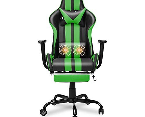 Ferghana E-Sports Chair,Massage Gaming Chair,Racing Office Computer Game Chair,Ergonomic Gaming Chair with Adjustable Recliner,Thicker Footrest and Massage Lumbar Support(Green)