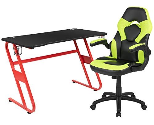 Flash Furniture Red Gaming Desk and Green/Black Racing Chair Set with Cup Holder and Headphone Hook